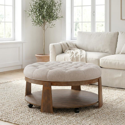 Beige Round Coffee Table with Solid Wood Frame and Linen-Like Surface