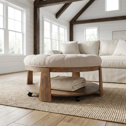 Beige Round Coffee Table with Solid Wood Frame and Linen-Like Surface