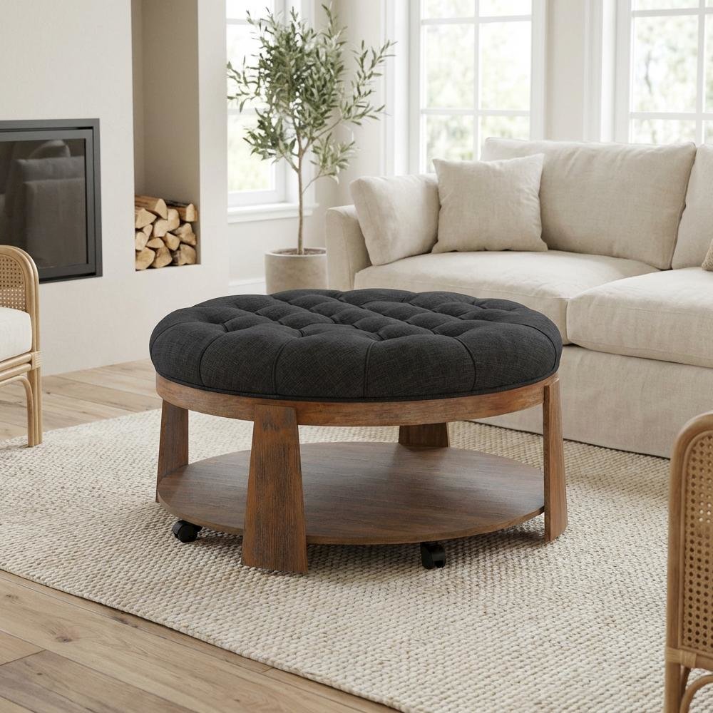 Gray Wood Round Coffee Table with Linen-Like Surface and Solid Wood Base