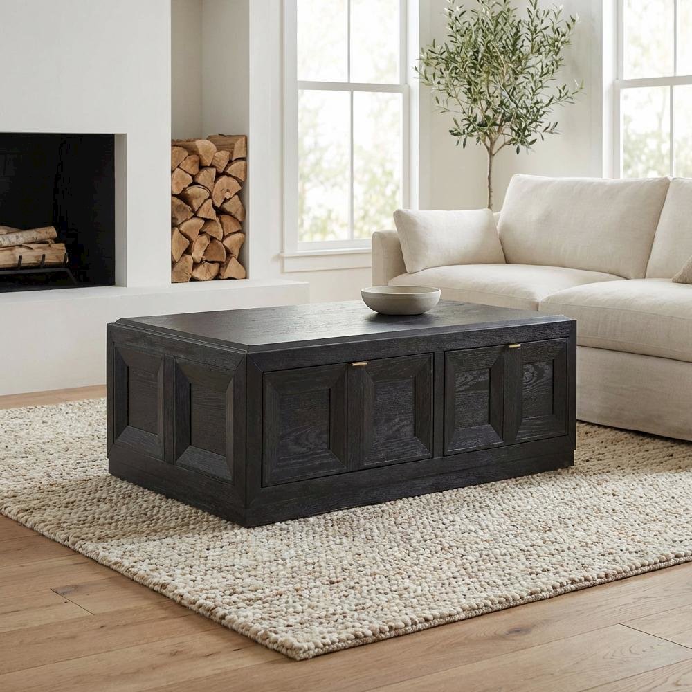 Black Rubberwood Coffee Table with Casters and White Oak Veneer Surface