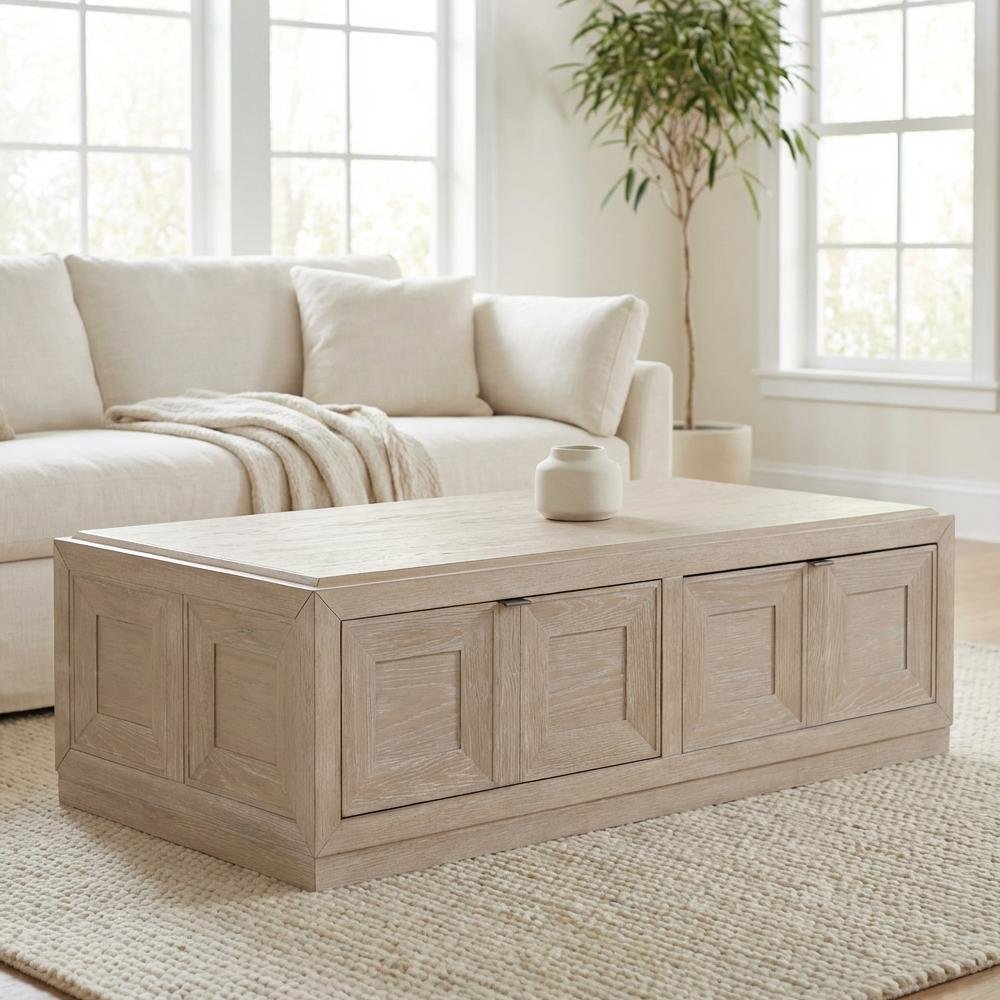 Brown Modern Solid Wood Coffee Table with Casters and Durable Rubberwood Surface