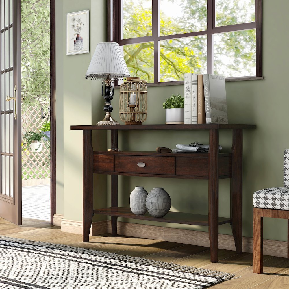 Eski Wood 1-Drawer Sofa Table in Dark Walnut