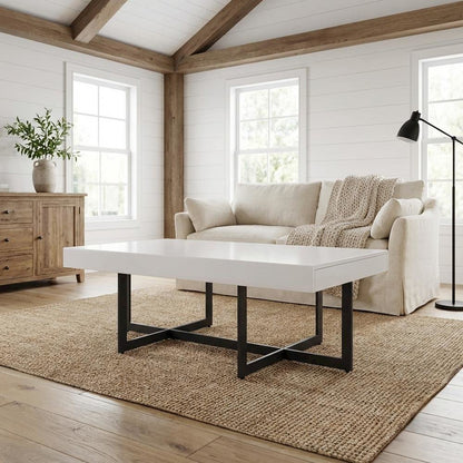 White Metal 2-Drawer Coffee Table with MDF Top and Steel Frame for Storage