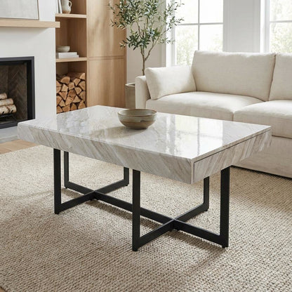 Gray Metal 2-Drawer Coffee Table with Faux Marble Top and MDF Storage
