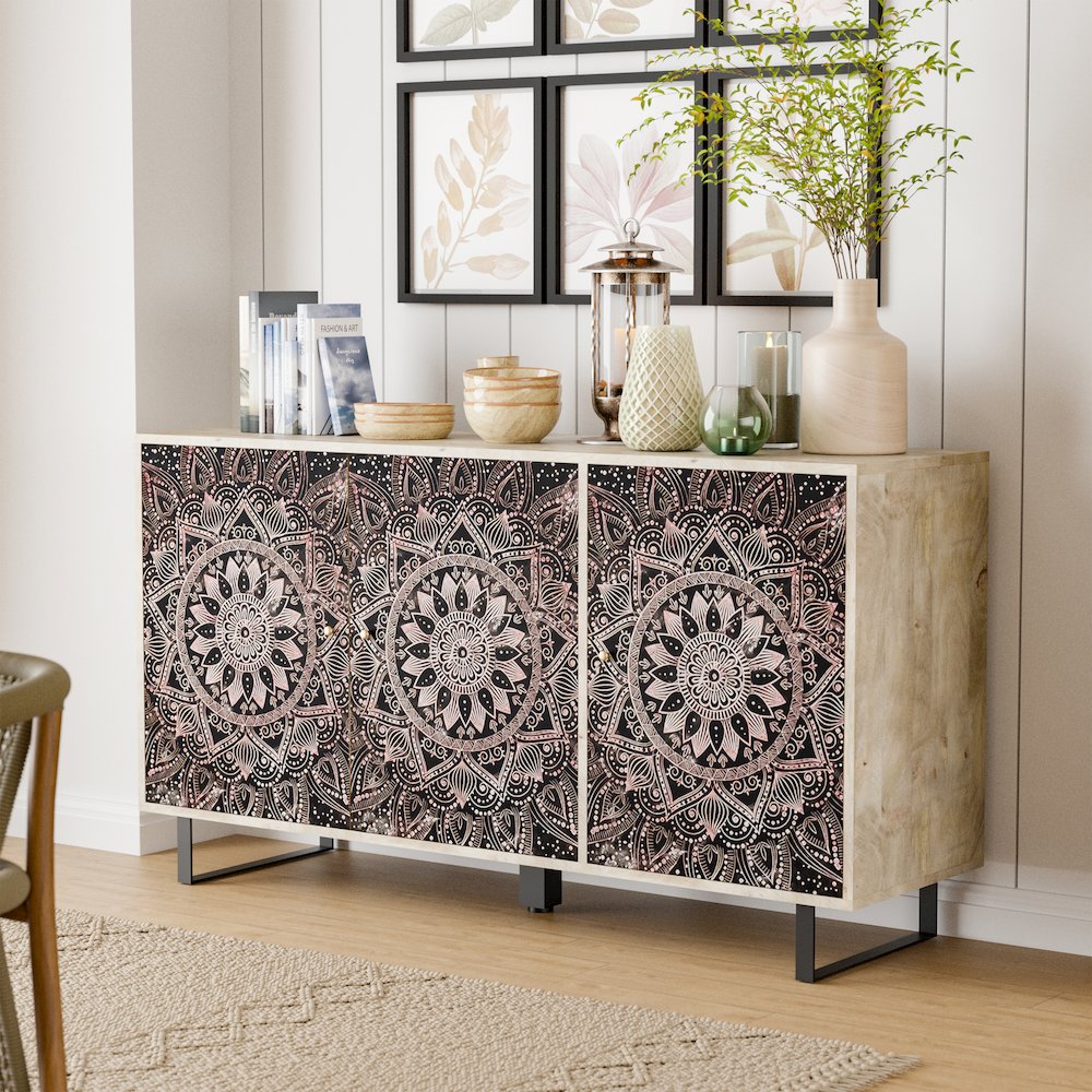 Baja Boho Solid Wood Sideboard Buffet Cabinet with 4 Storage Shelves