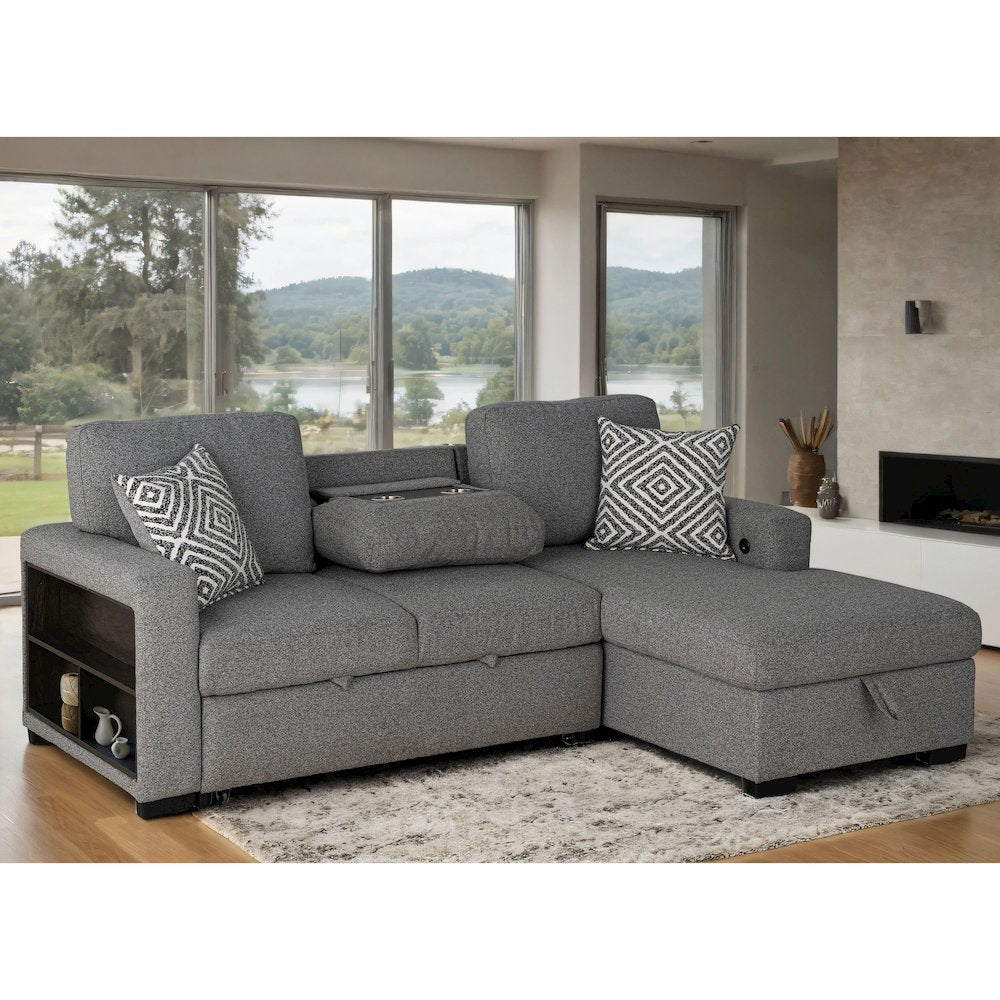 Andrew Gray Fabric Right Chaise Sleeper Sectional with USBs