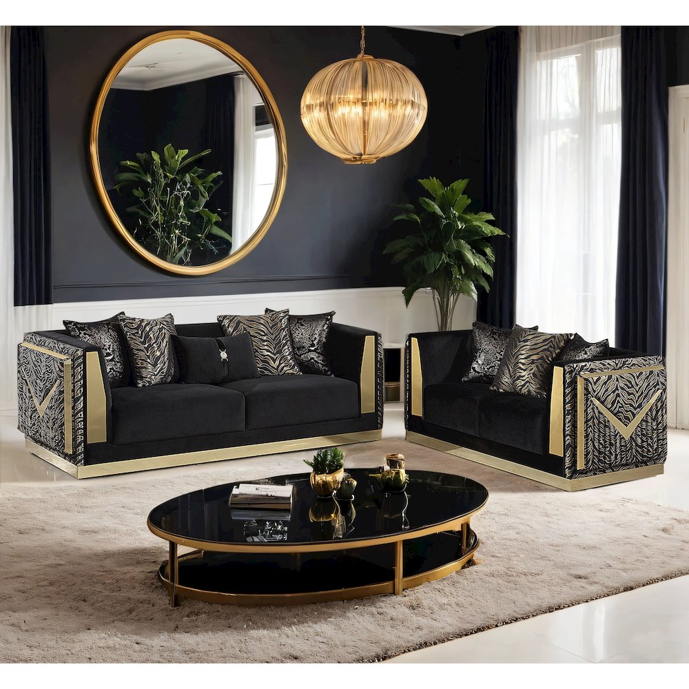 Ulinon 2-Piece Black Velvet Sofa Set with Track Arms