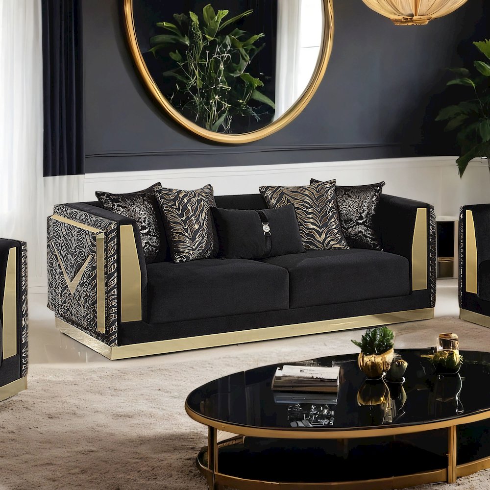 Ulinon Black Velvet Fabric Sofa with Track Arms