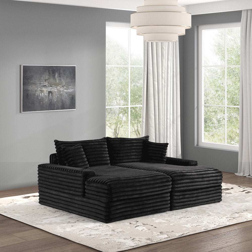 Hedden Black Chenille Double Chaise Sofa with USB Ports