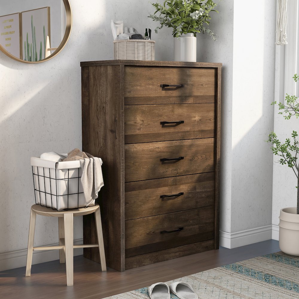 Kodo Rustic Wood 5-Drawer Chest in Walnut
