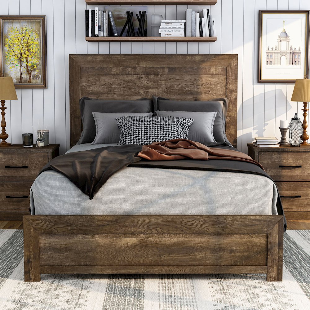 Kodo Rustic Wood Panel Bed in Walnut