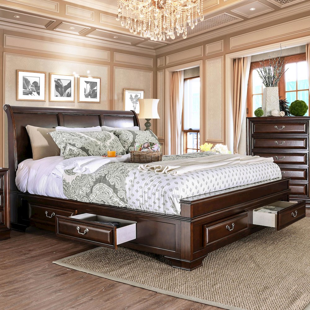 Bradford Solid Wood King Storage Platform Bed in Brown Cherry