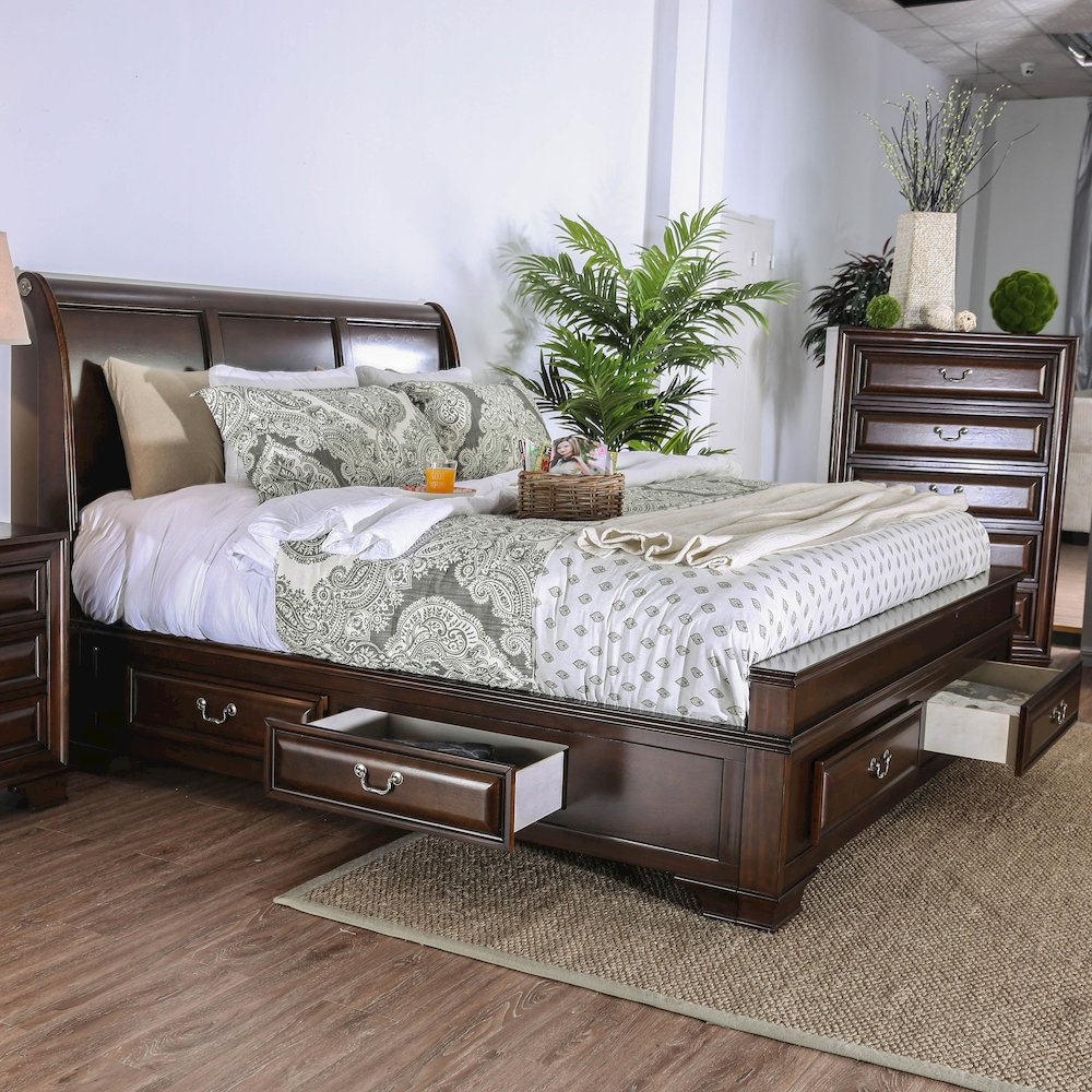 Bradford Solid Wood King Storage Platform Bed in Brown Cherry