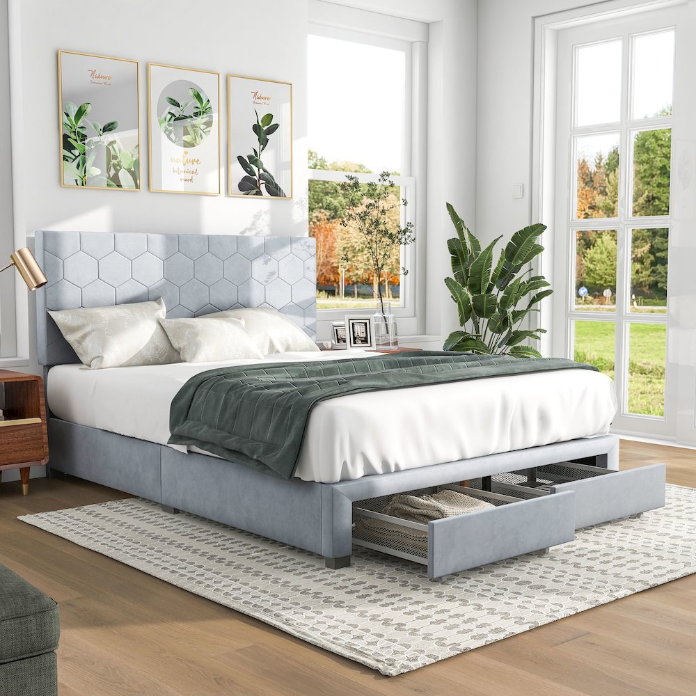 Harper Fabric Bed with 2-Drawer in Light Gray