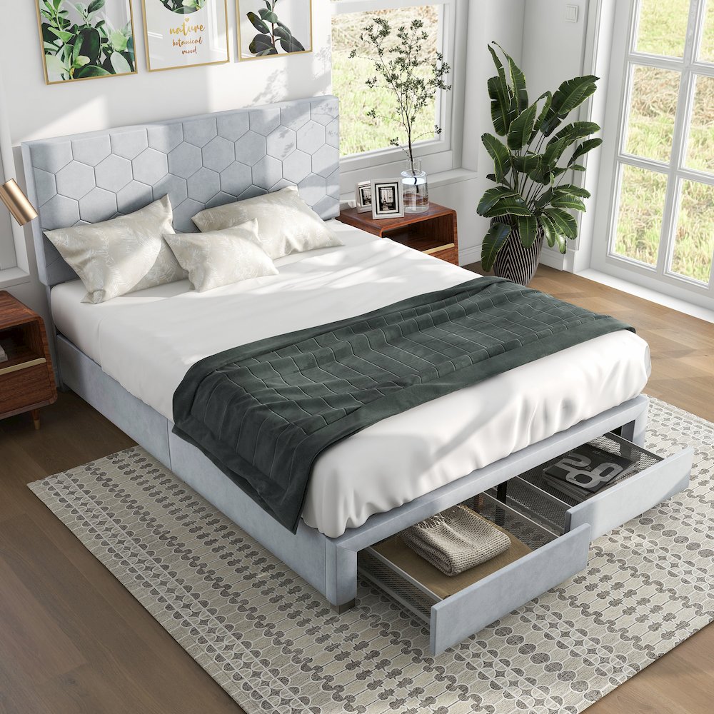 Harper Fabric Bed with 2-Drawer in Light Gray