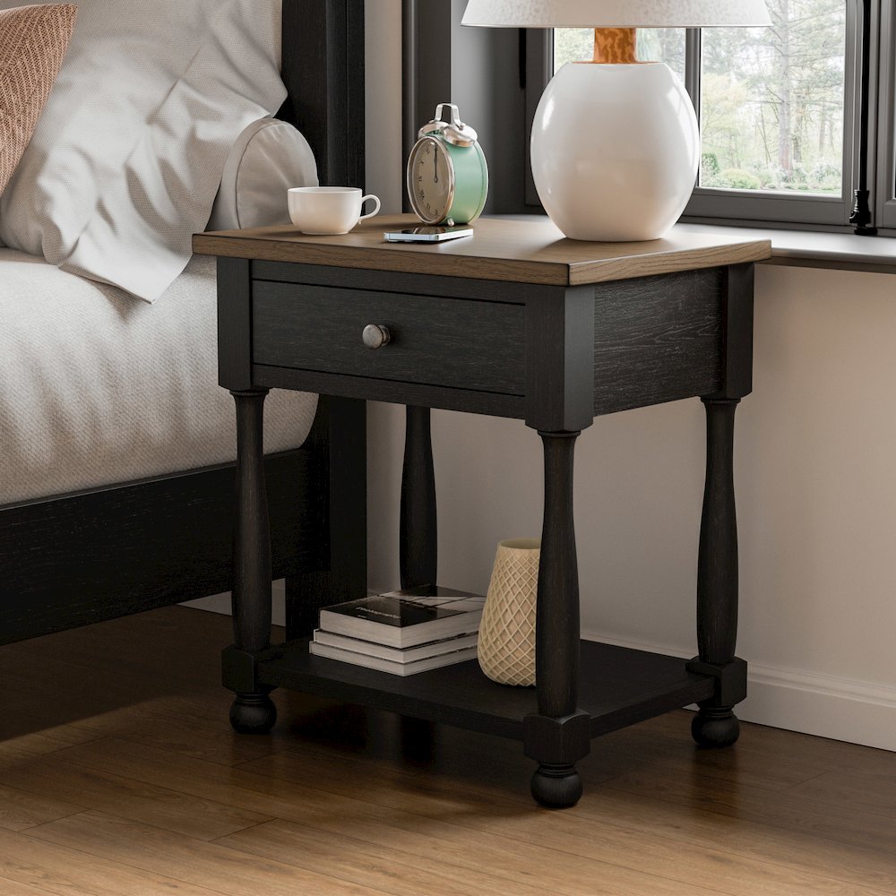 Fontevraud Farmhouse Black Solid Wood 1-Drawer Nightstand