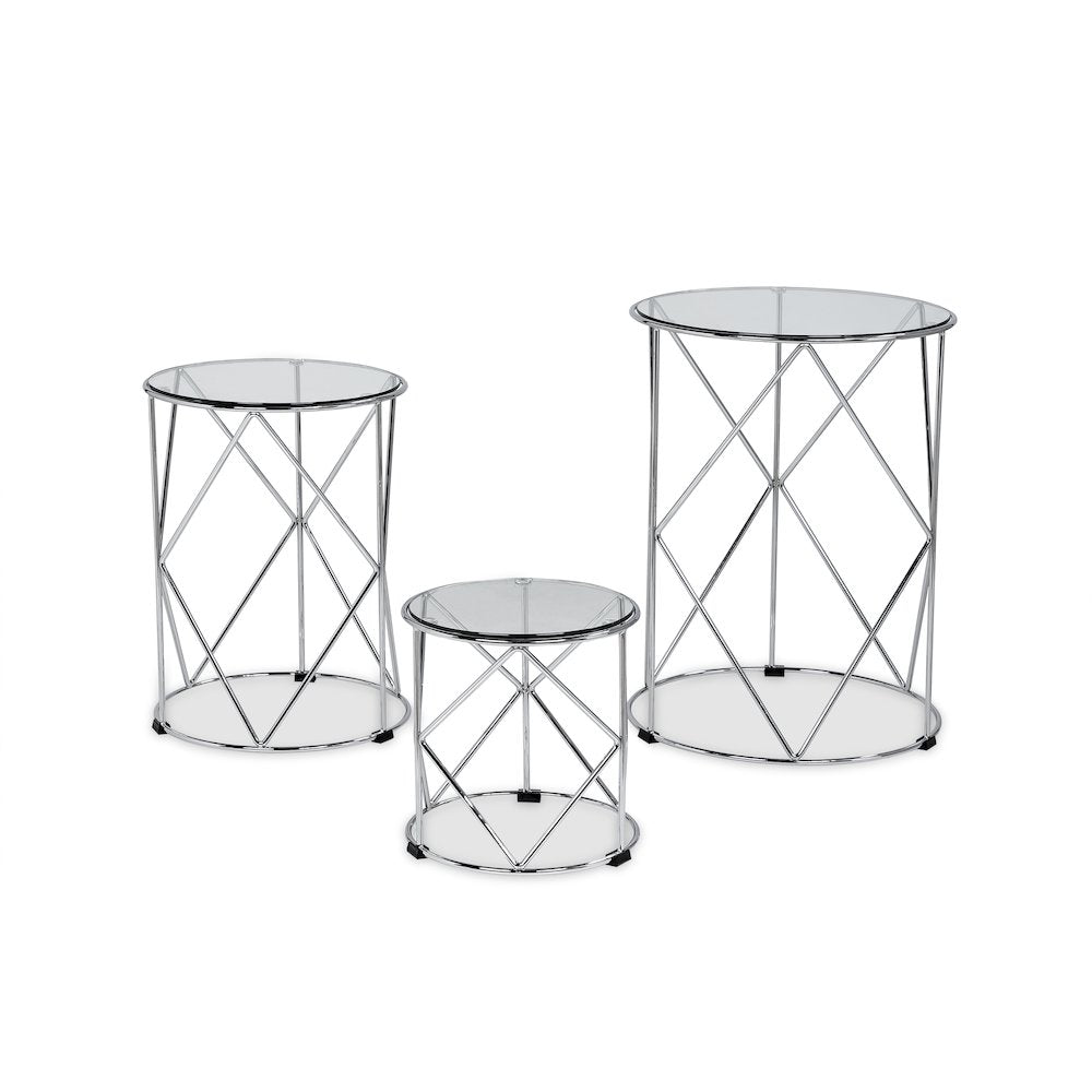Nikova Glass Top 3-Piece Nesting Table Set in Silver
