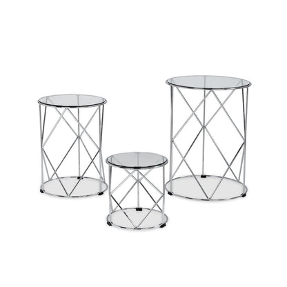 Nikova Glass Top 3-Piece Nesting Table Set in Silver