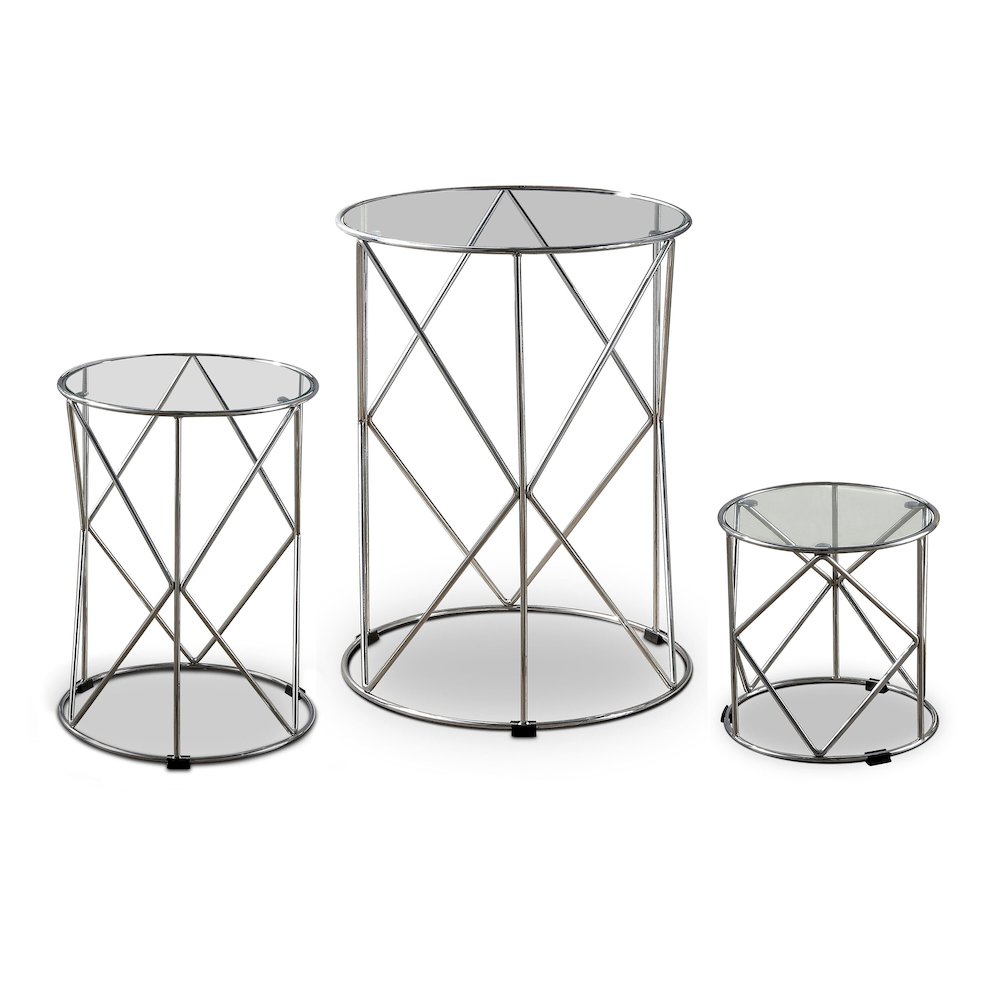 Nikova Glass Top 3-Piece Nesting Table Set in Silver