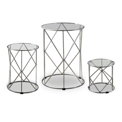 Nikova Glass Top 3-Piece Nesting Table Set in Silver