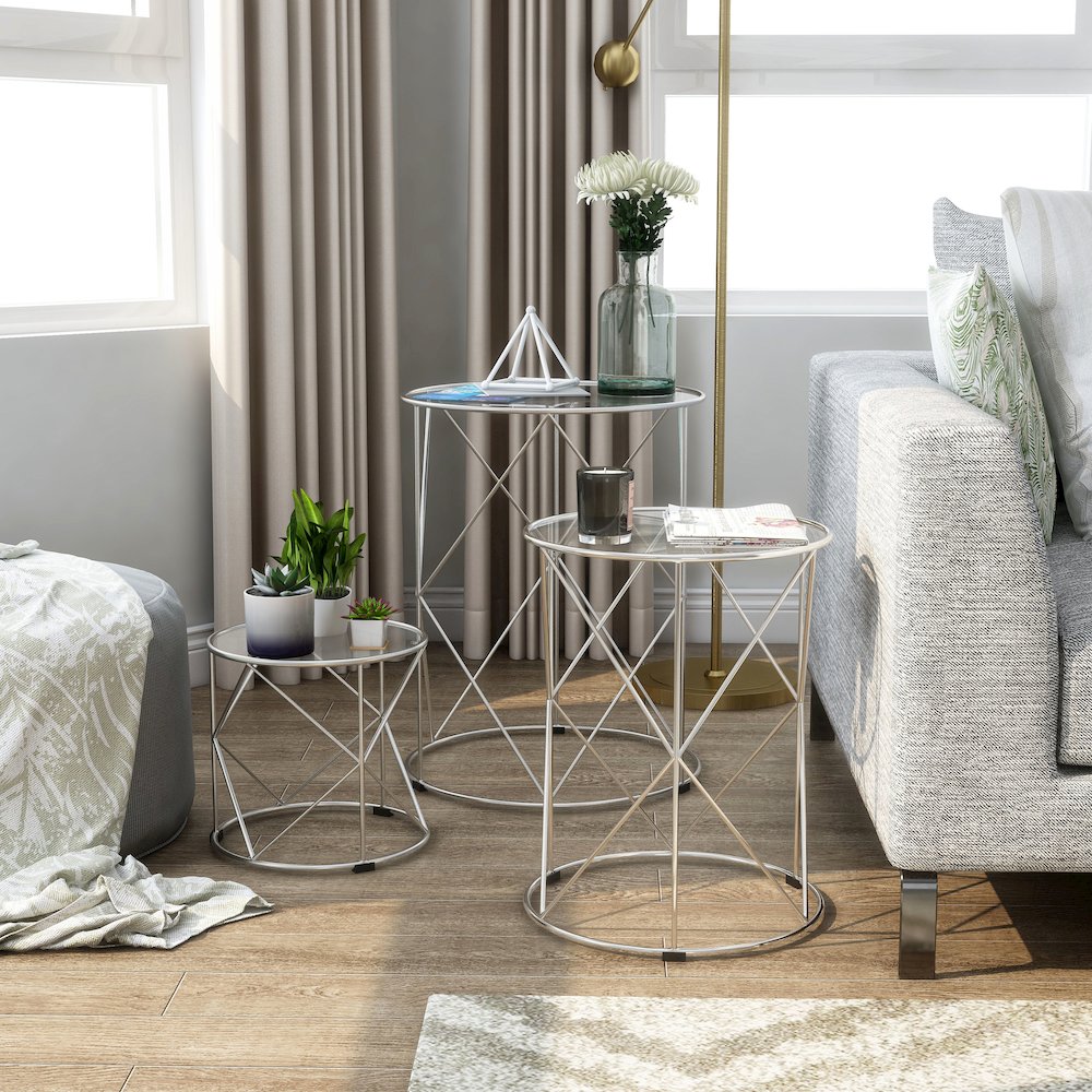 Nikova Glass Top 3-Piece Nesting Table Set in Silver