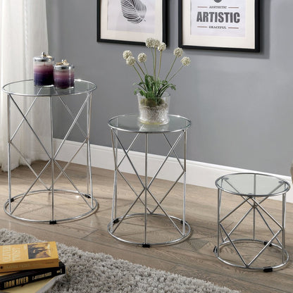 Nikova Glass Top 3-Piece Nesting Table Set in Silver