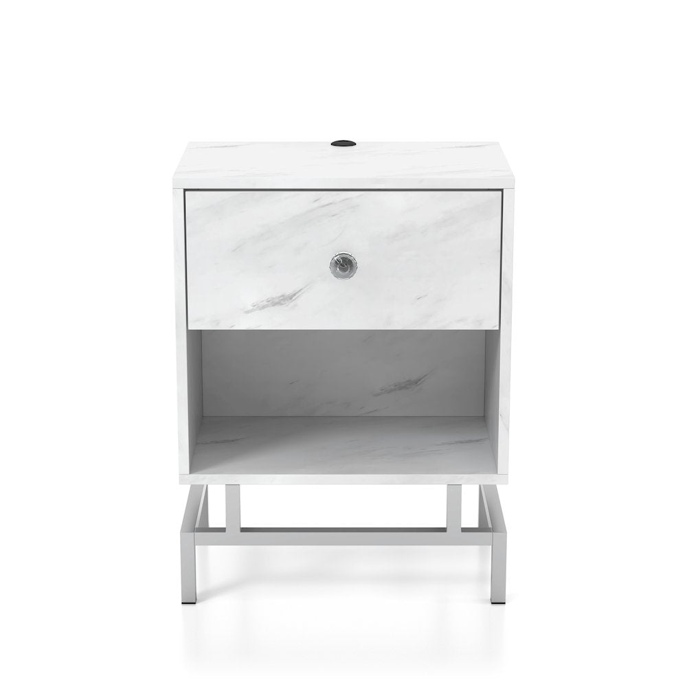 Lyn Contemporary Wood 1-Drawer End Table in White Marble