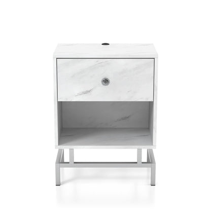 Lyn Contemporary Wood 1-Drawer End Table in White Marble