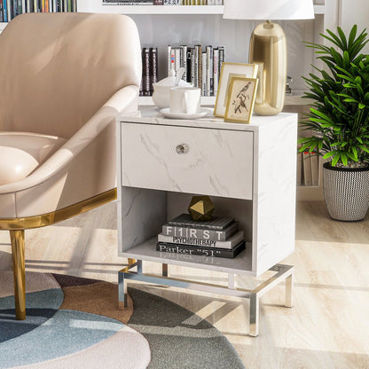 Lyn Contemporary Wood 1-Drawer End Table in White Marble