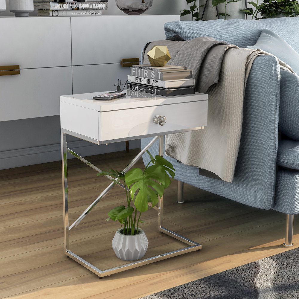 Kylie Modern Wood 1-Drawer End Table in Glossy White