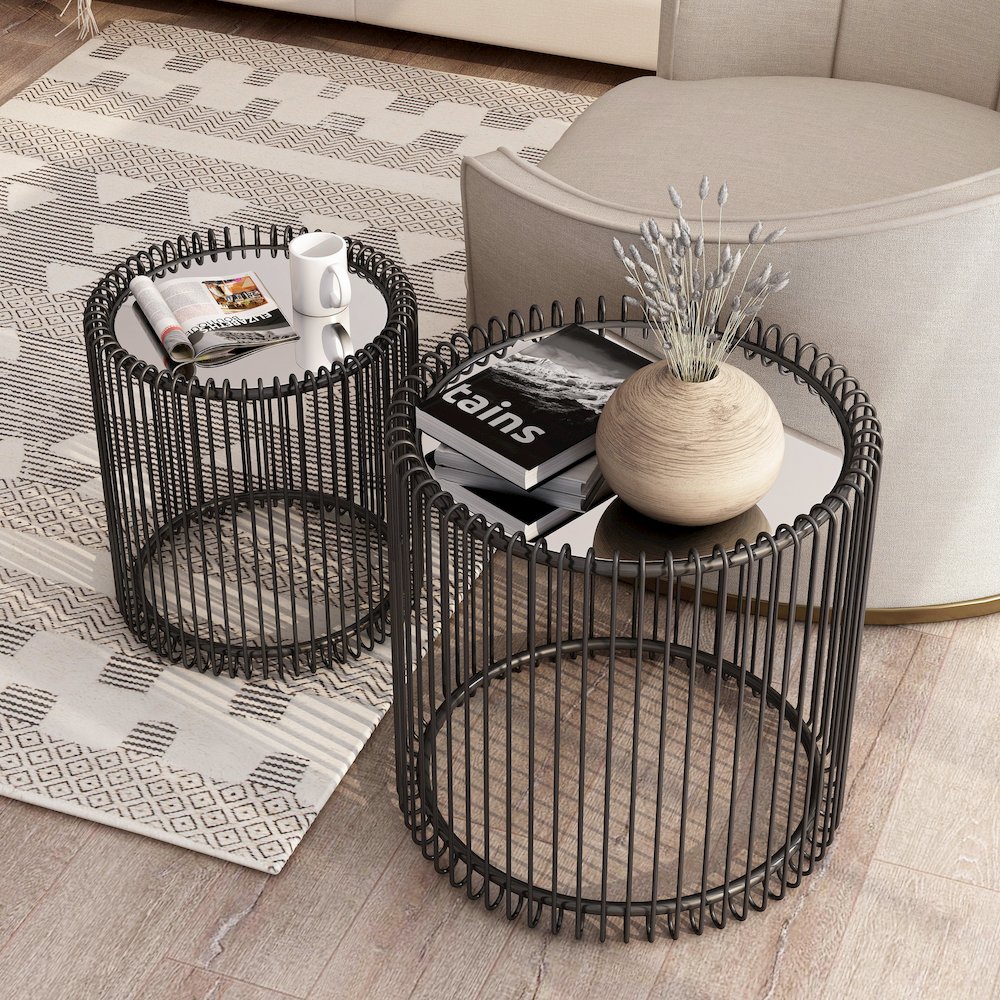 Mendel Contemporary Metal 2-Piece Nesting Table in Black