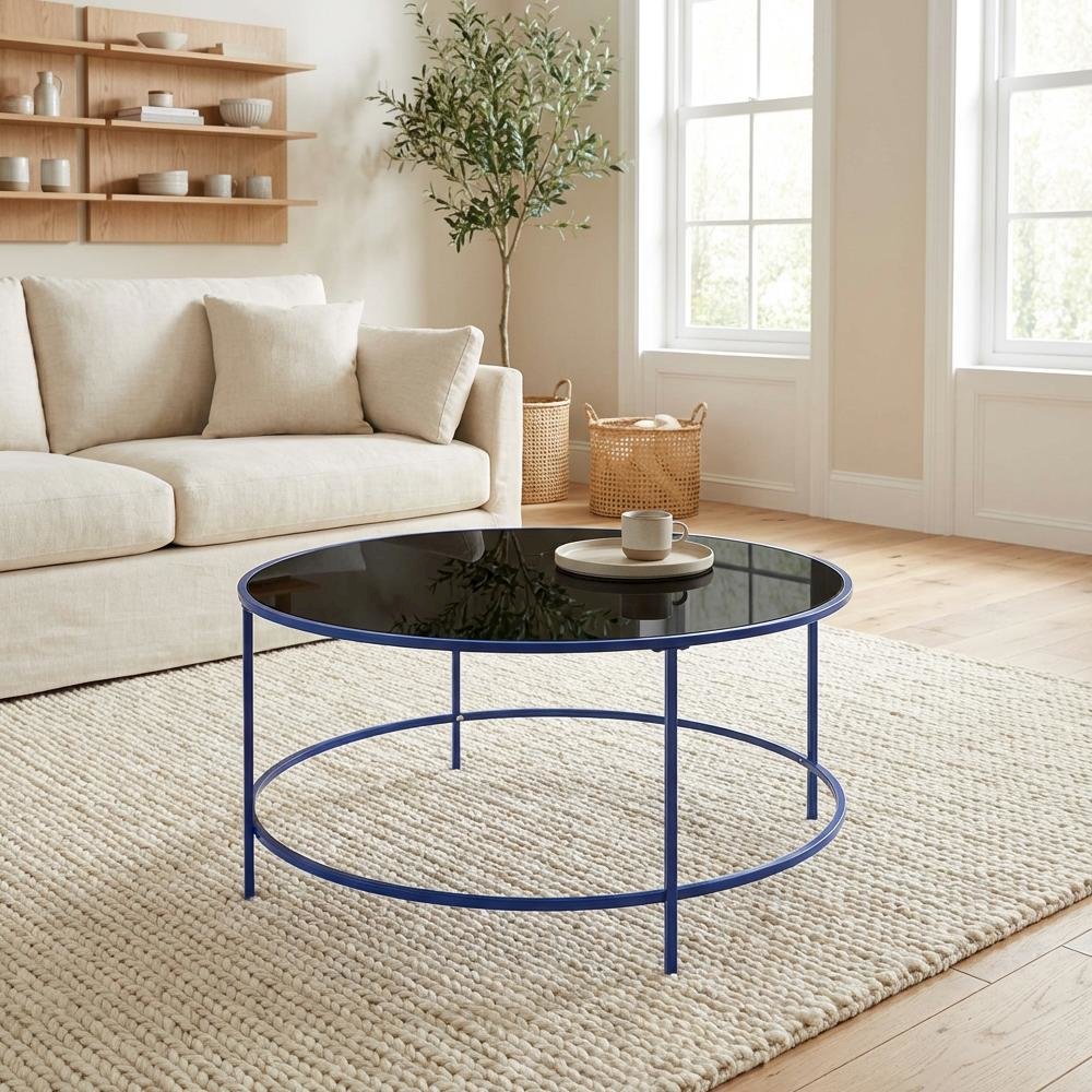 Blue Round Coffee Table with Tempered Glass Top and Steel Frame, Single Piece