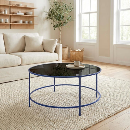 Blue Round Coffee Table with Tempered Glass Top and Steel Frame, Single Piece