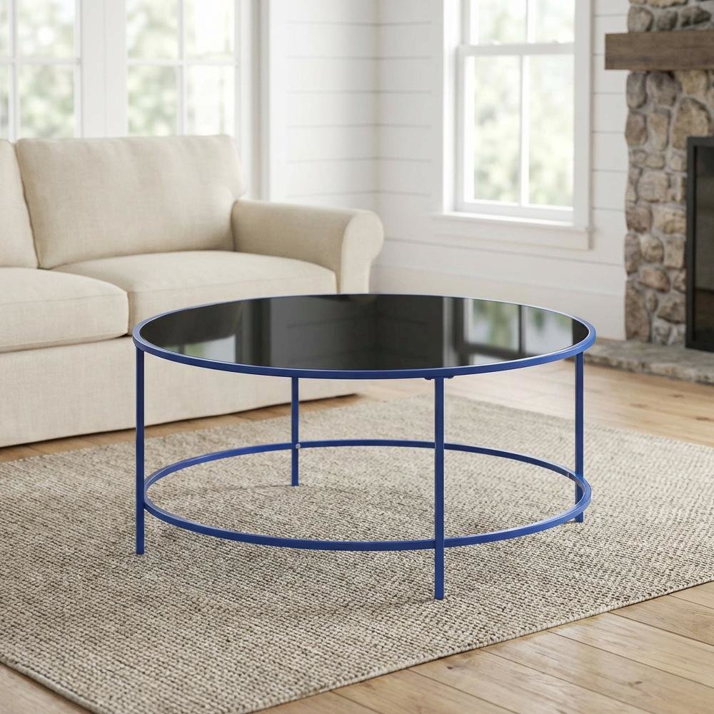 Blue Round Coffee Table with Tempered Glass Top and Steel Frame, Single Piece