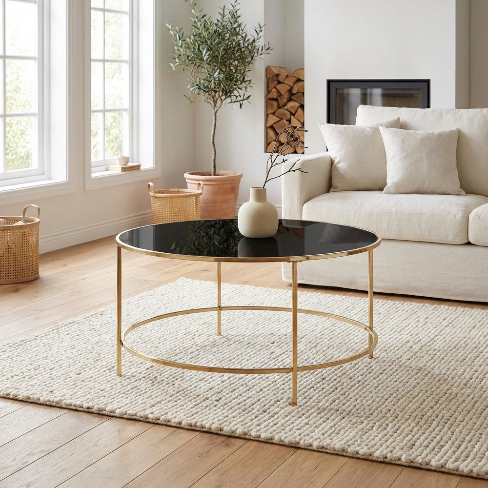 Gold Round Coffee Table with Steel Frame, Tempered Glass Top for Modern Living