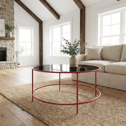 Red Round Coffee Table, Tempered Glass Top and Steel Frame, Single Piece Design