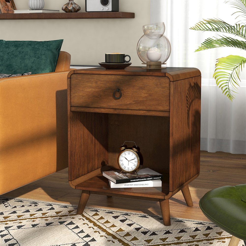 Ocala Mid-Century Wood 1-Drawer Side Table