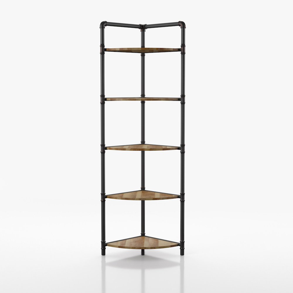 Harkey Industrial Wood 5-Tier Corner Bookcase in Sand Black