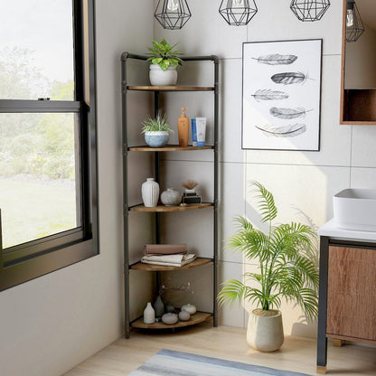Harkey Industrial Wood 5-Tier Corner Bookcase in Sand Black