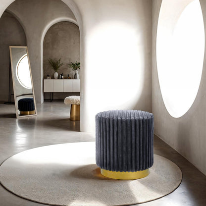 Vena Modern Upholstered Round Ottoman, Dark Grey and Gold