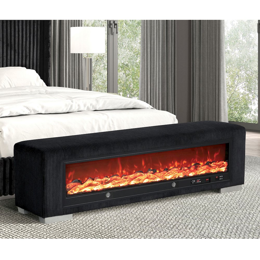 Alson Fabric Bench with Fire Log Visual Fireplace