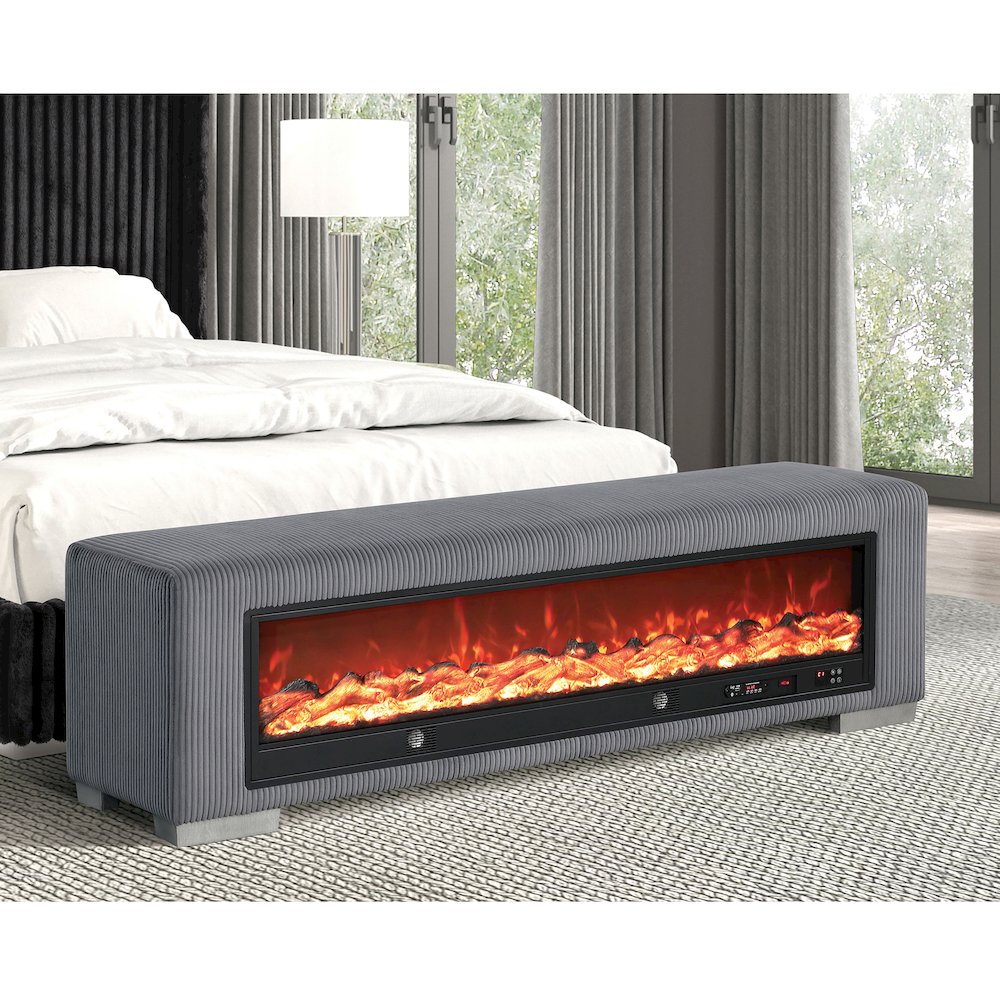 Alson Fabric Bench with Fire Log Visual Fireplace