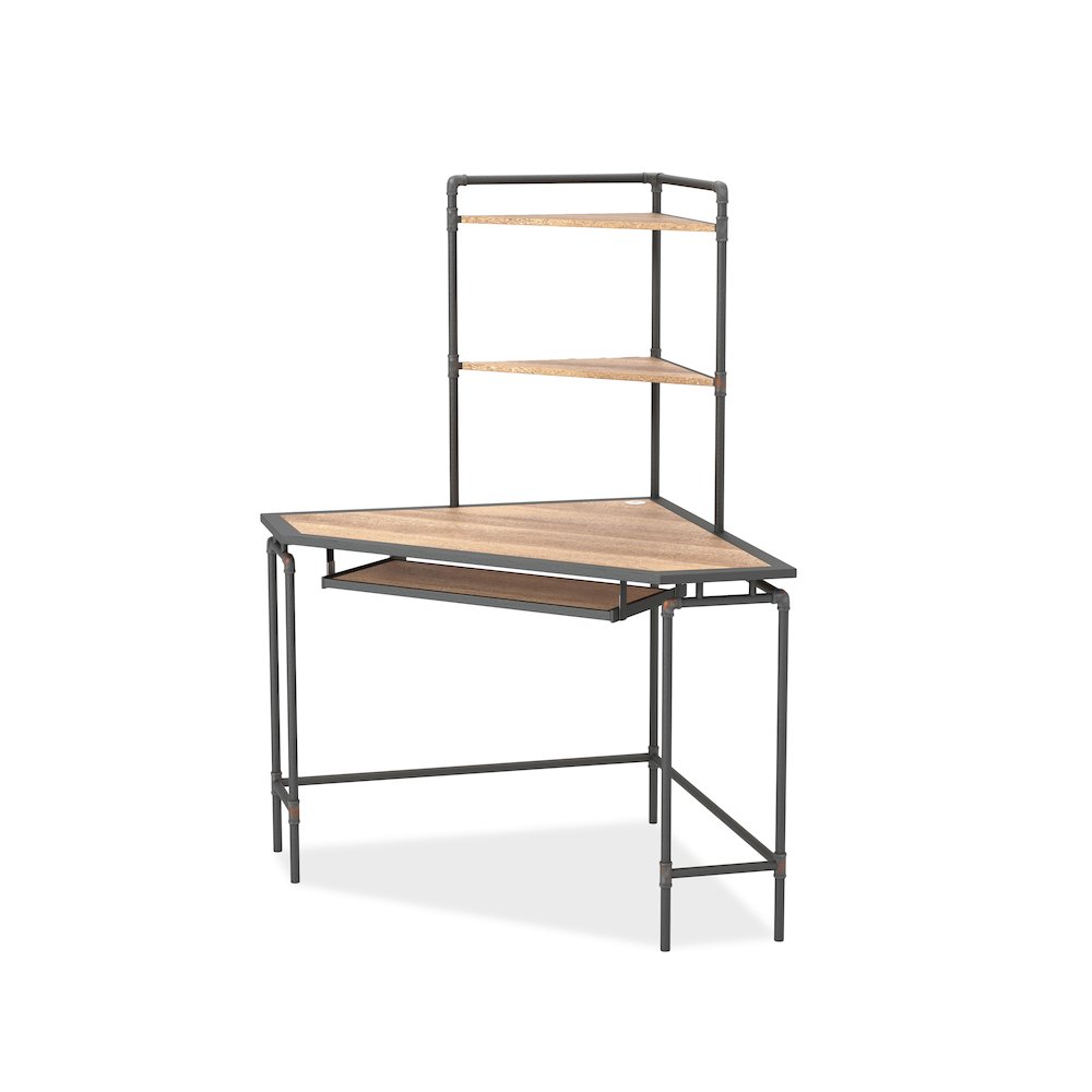 Flak Industrial Wood Corner Desk with Shelves in Sand Black