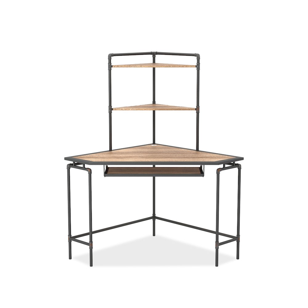 Flak Industrial Wood Corner Desk with Shelves in Sand Black
