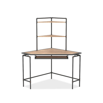 Flak Industrial Wood Corner Desk with Shelves in Sand Black