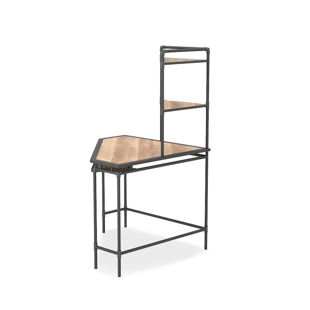 Flak Industrial Wood Corner Desk with Shelves in Sand Black