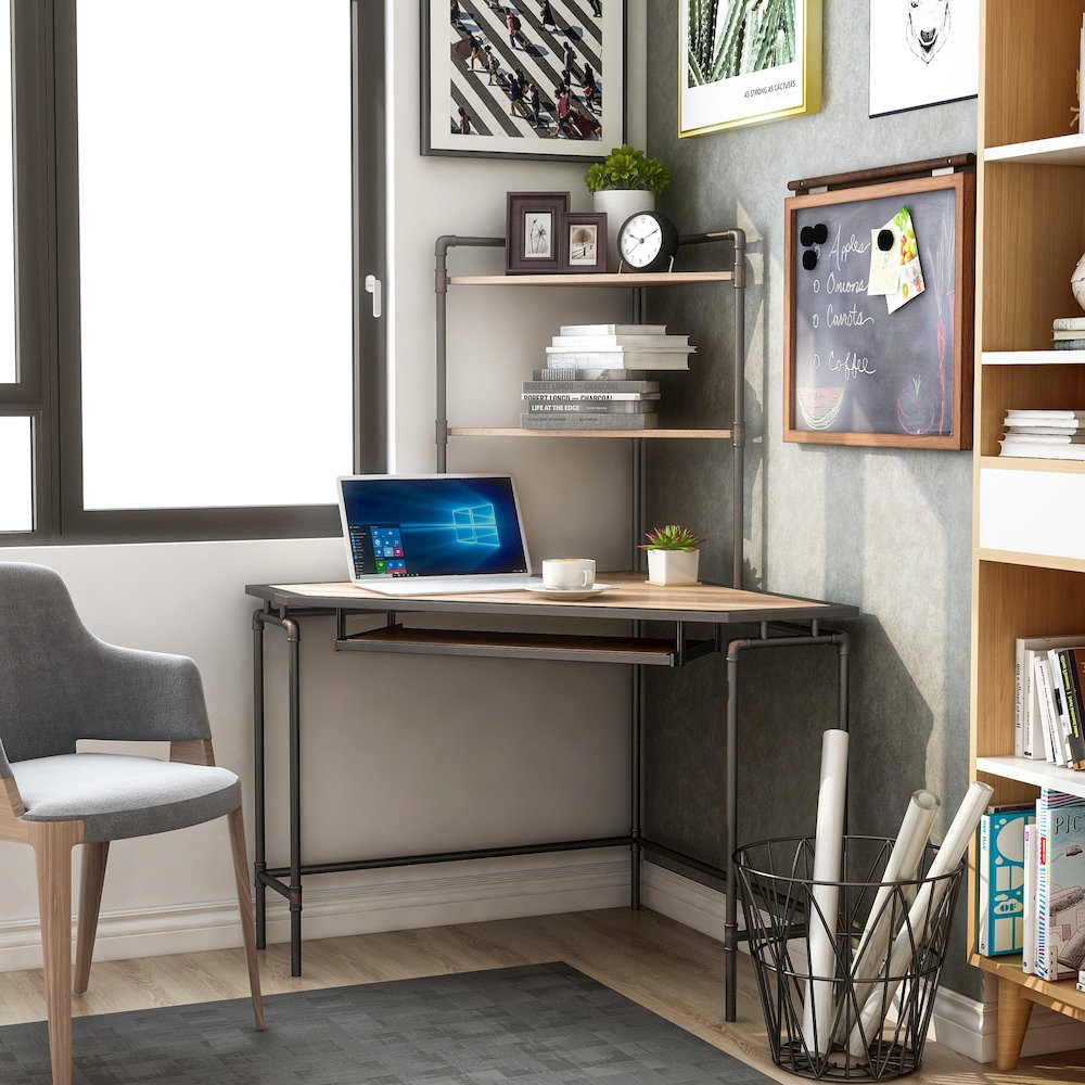 Flak Industrial Wood Corner Desk with Shelves in Sand Black
