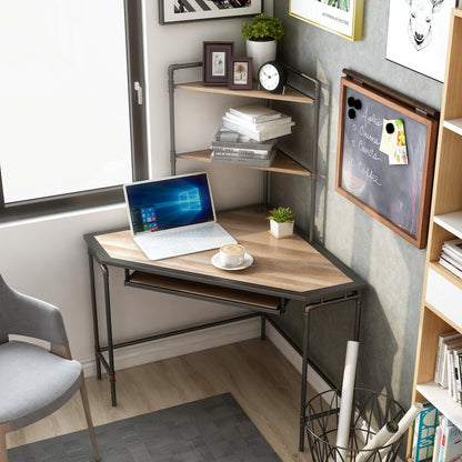 Flak Industrial Wood Corner Desk with Shelves in Sand Black