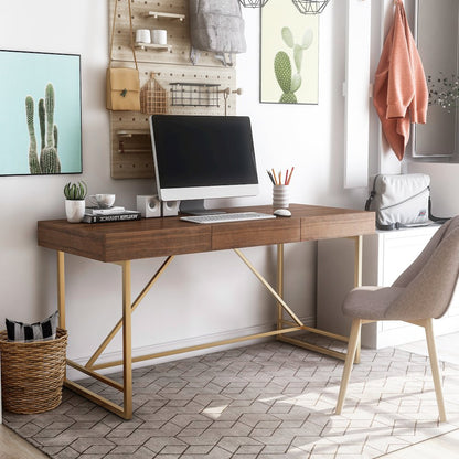 Teviot Wood 3-Drawer Writing Desk in Light Walnut