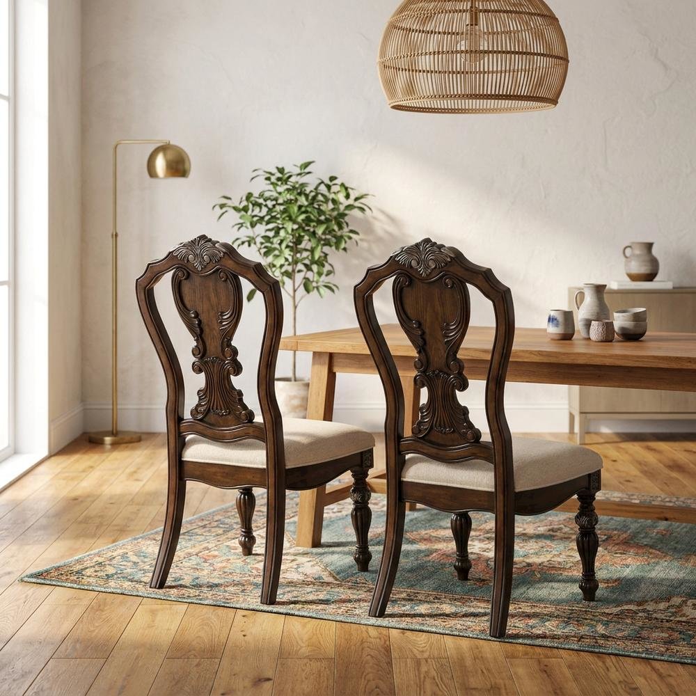 Dark Brown Upholstered Dining Side Chairs with Cushioned Seating, Set of 2